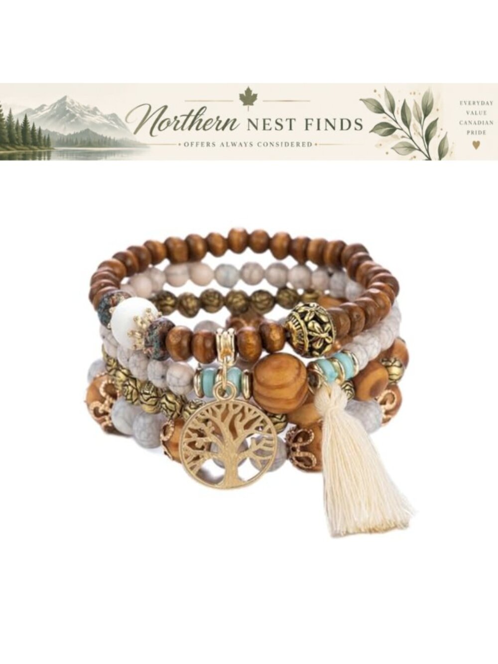 Boho Wooden Beaded Bracelet Set Tree of Life Tassel Elastic Stackable